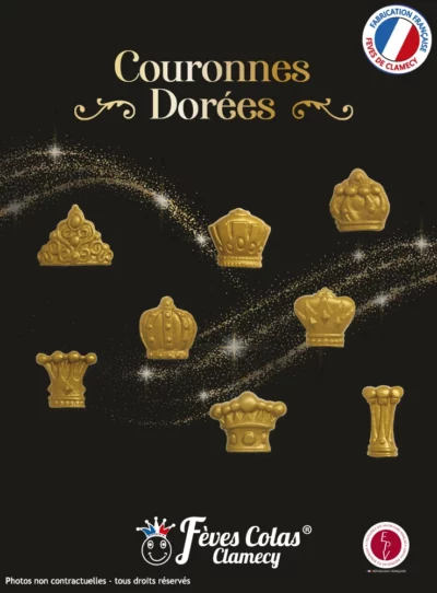 8 fèves en forme de couronnes royales avec une finition mat dorée. Qui sera la Reine ou le Rois cette année ?