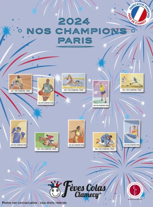Collection de 10 fèves dans un coffret transparent qui fait Honneur à nos athlètes et nos champion sportifs pour les Jeux Olympiques 2024 qui se dérouleront en France.